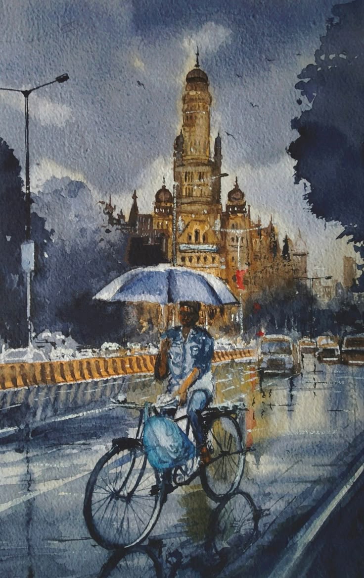 Rainy City Bicycle Wall Art | Indian Monsoon Street Painting
