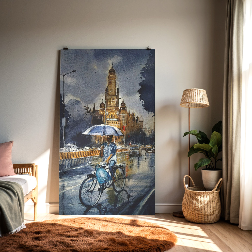 Rainy City Bicycle Wall Art | Indian Monsoon Street Painting — alternate view
