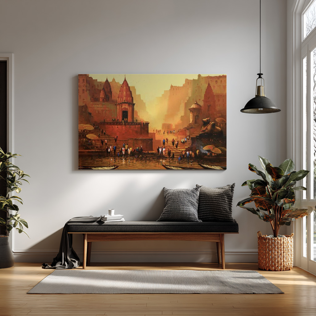 Varanasi Ghats Wall Art | Golden Ganges River City Painting — alternate view