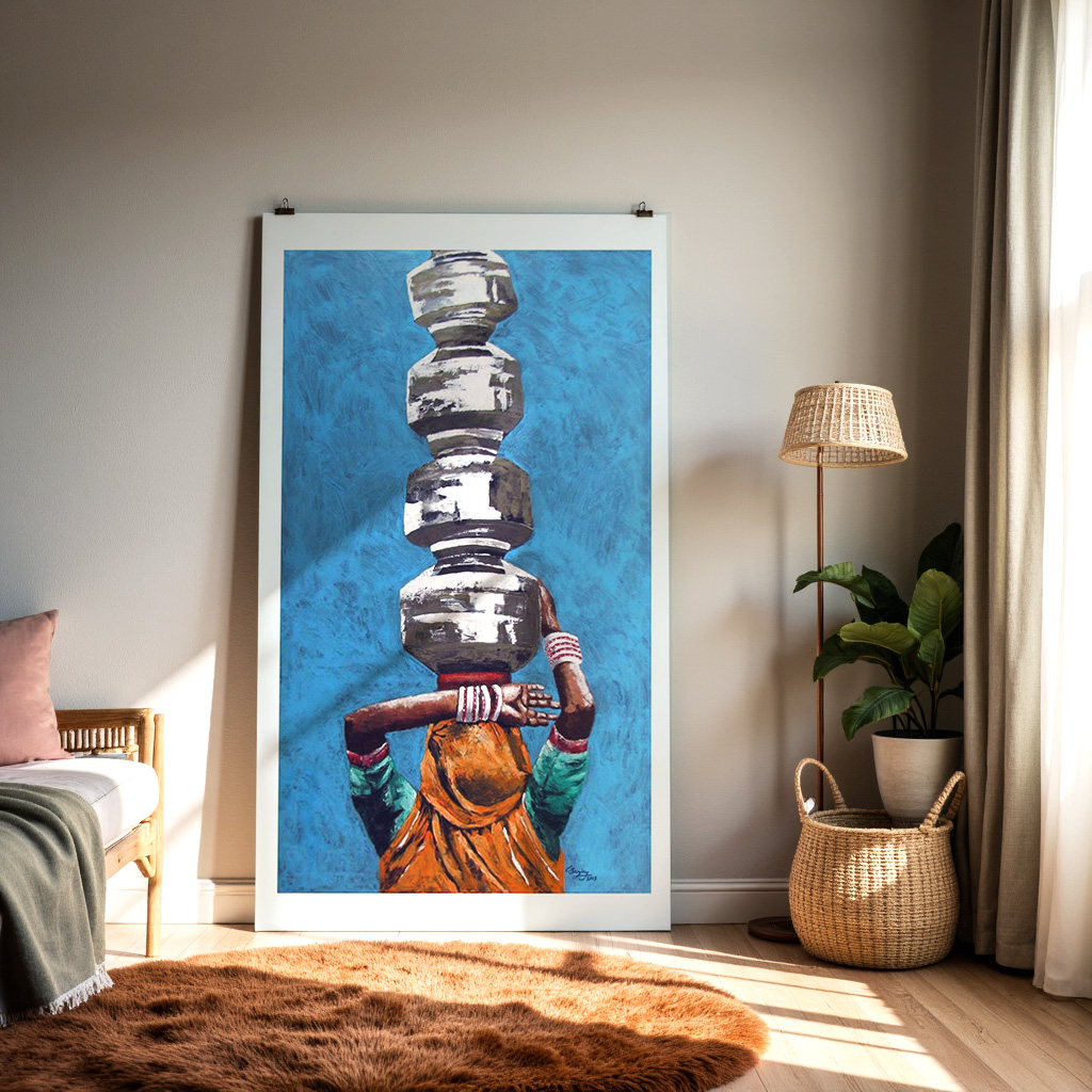 Indian Woman Carrying Water Pots Wall Art | Rural Life Painting — alternate view