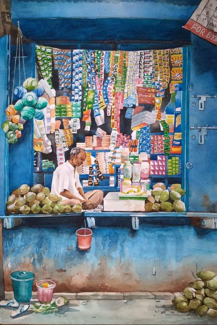 Indian Street Shop Painting | Village Kirana Store Wall Art