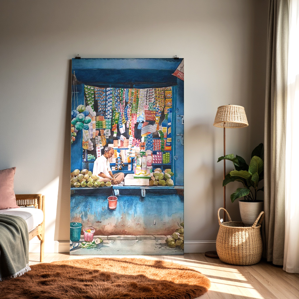 Indian Street Shop Painting | Village Kirana Store Wall Art — alternate view