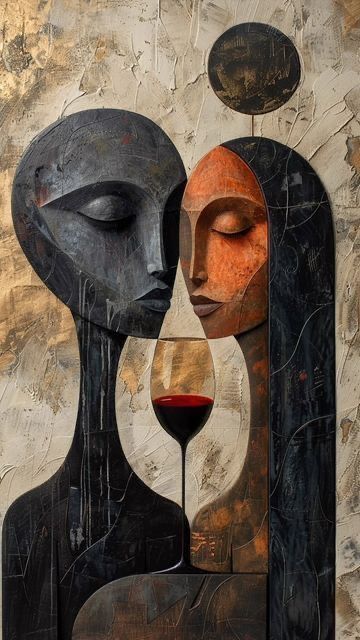 Abstract Couple Wall Art – Modern Romantic Figurative Painting with Wine & Emotional Connection