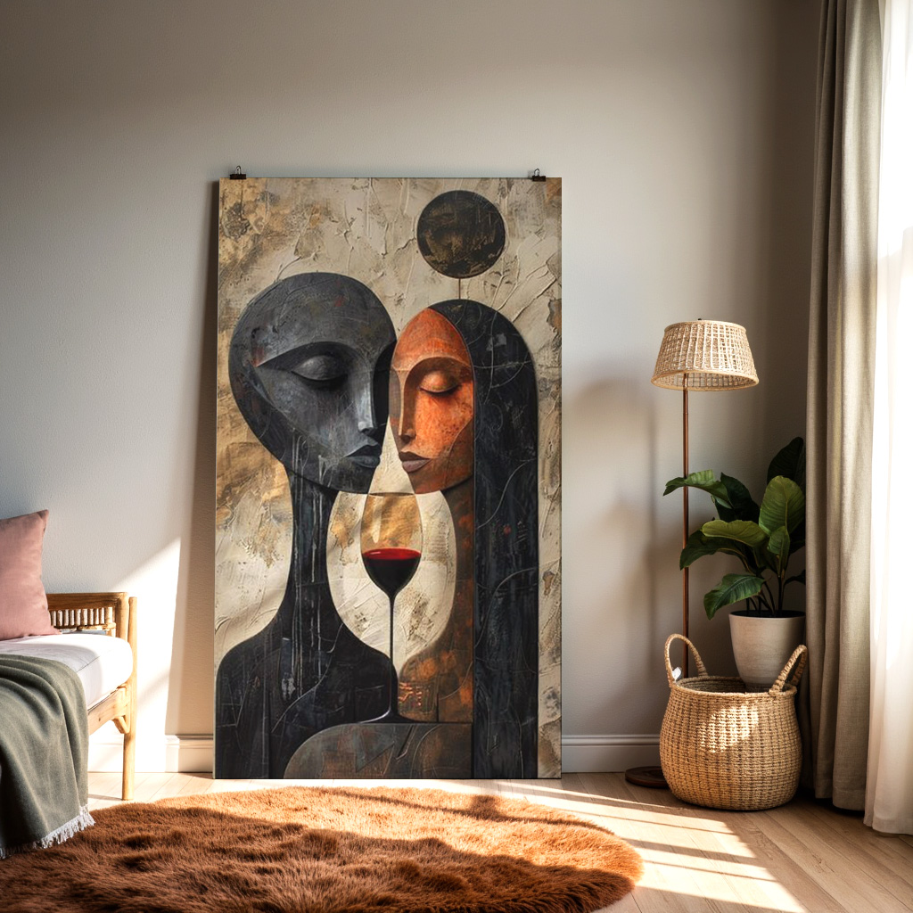 Abstract Couple Wall Art – Modern Romantic Figurative Painting with Wine & Emotional Connection — alternate view