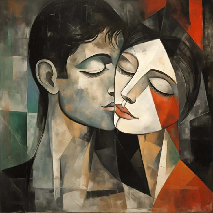 Abstract Cubist Couple Wall Art – Modern Emotional Portrait of Love & Connection
