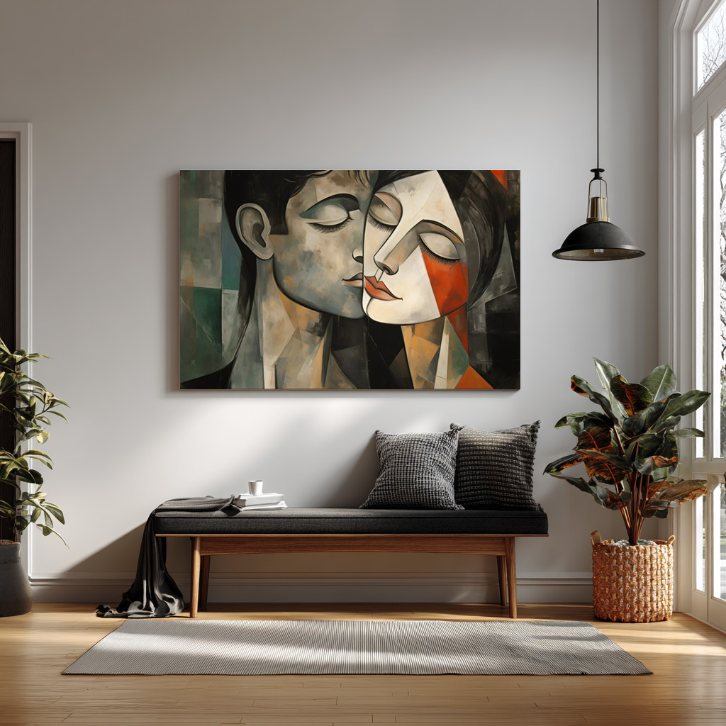 Abstract Cubist Couple Wall Art – Modern Emotional Portrait of Love & Connection — alternate view