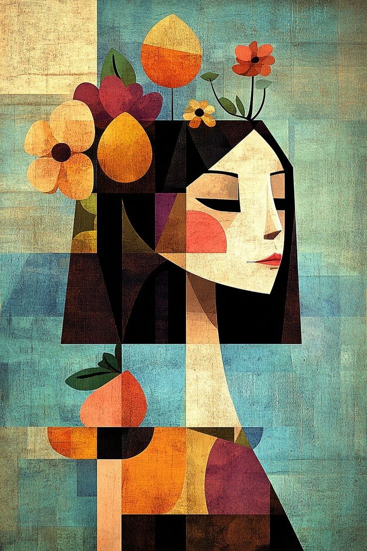 Abstract Floral Woman Portrait Wall Art – Modern Cubist Face with Botanical Elements