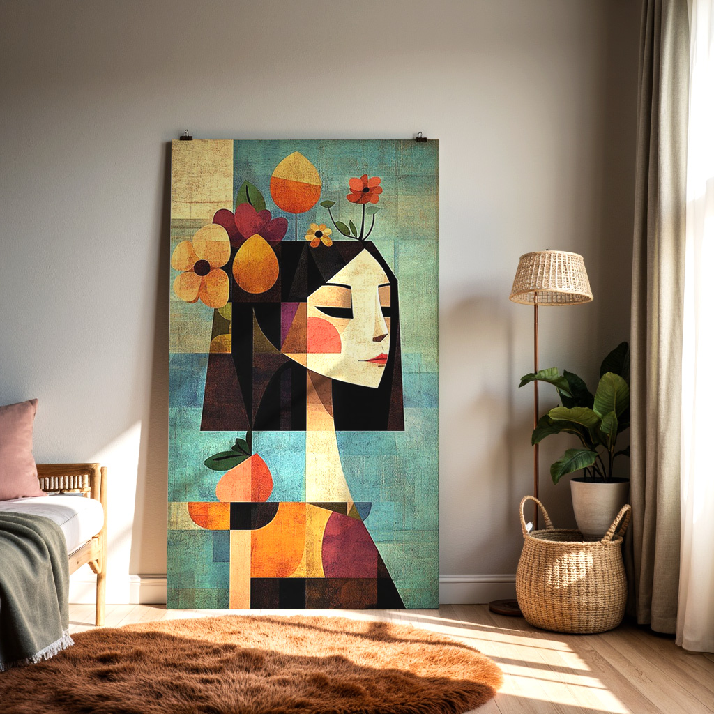 Abstract Floral Woman Portrait Wall Art – Modern Cubist Face with Botanical Elements — alternate view