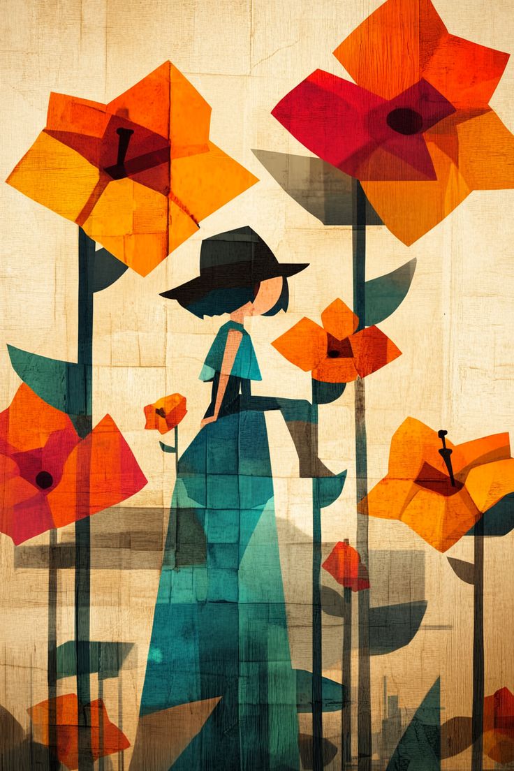 Abstract Woman in Flower Garden Wall Art – Modern Figurative Floral Painting