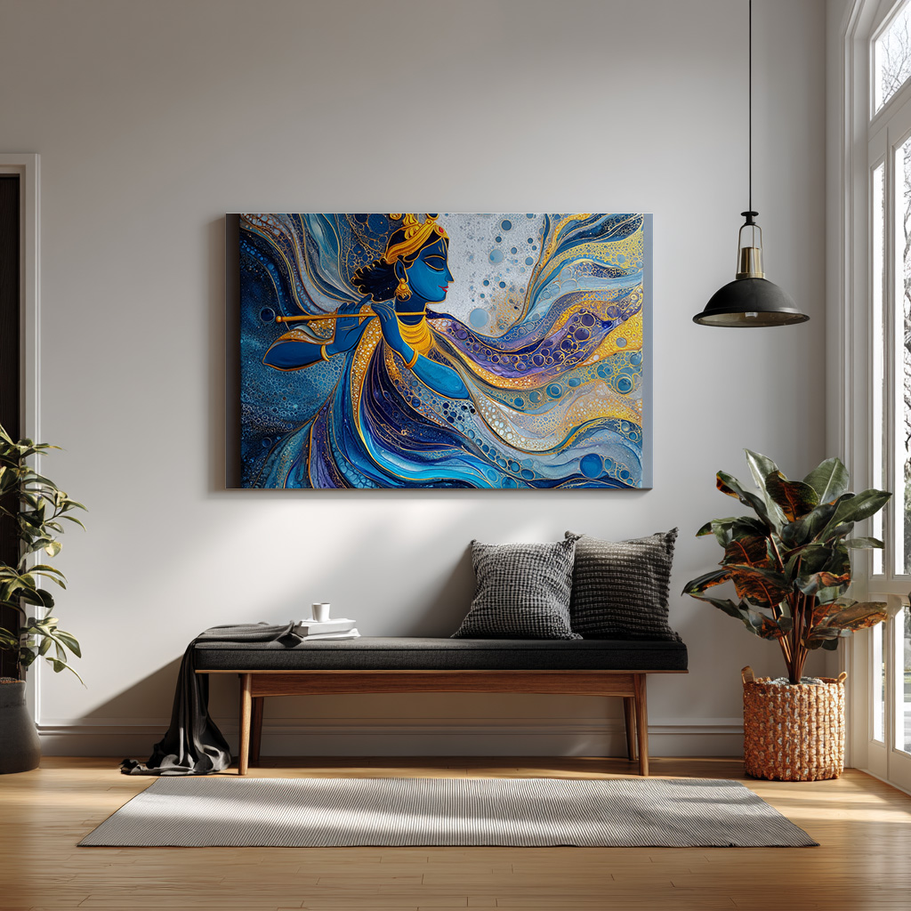 Abstract Lord Krishna Blue & Gold Fluid Art — alternate view