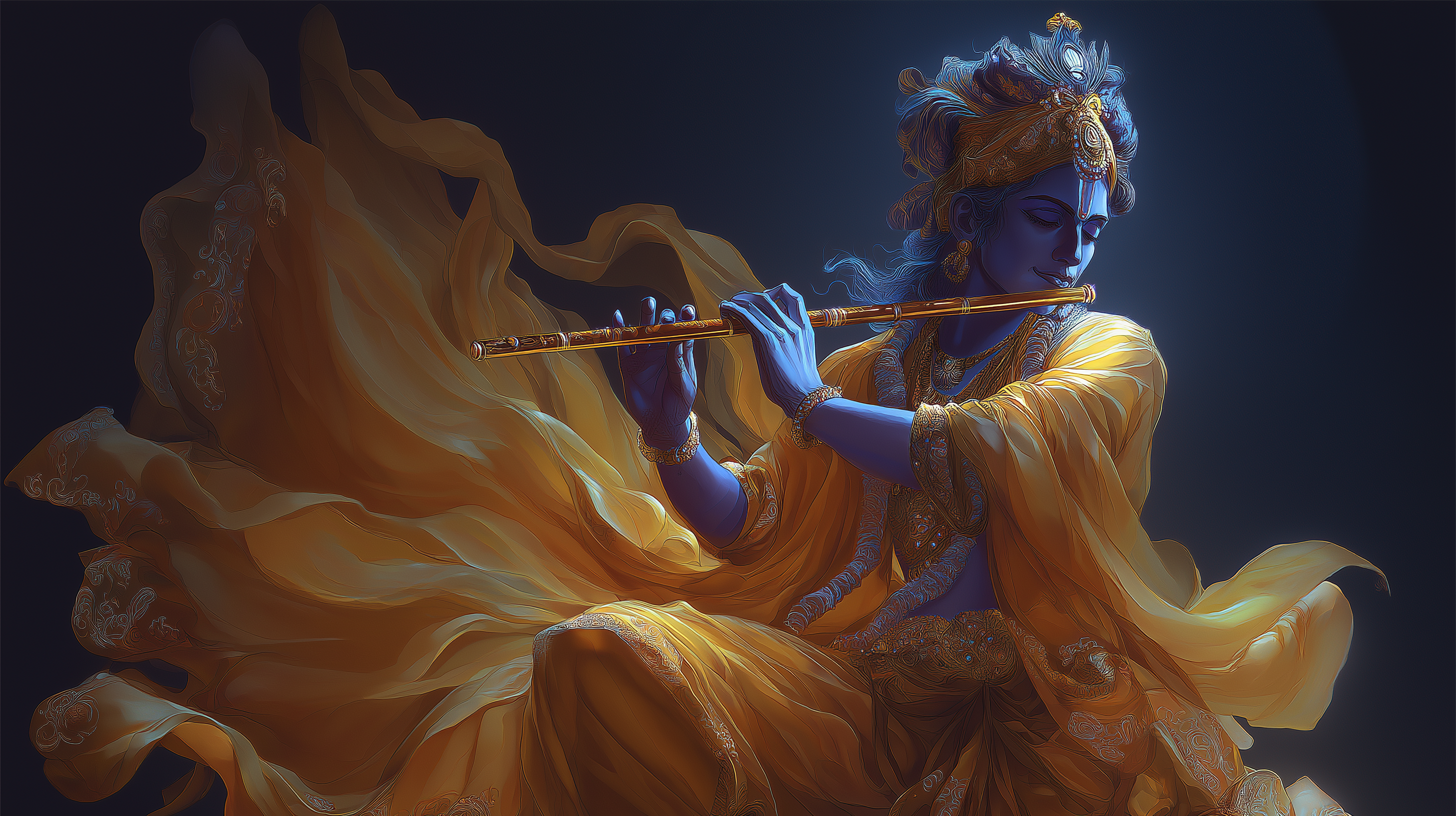 Krishna Playing the Golden Flute – Divine Night Art