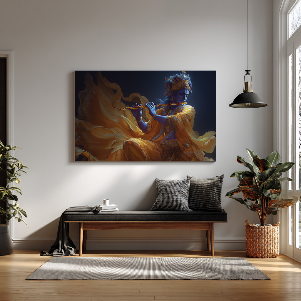 Krishna Playing the Golden Flute – Divine Night Art — alternate view