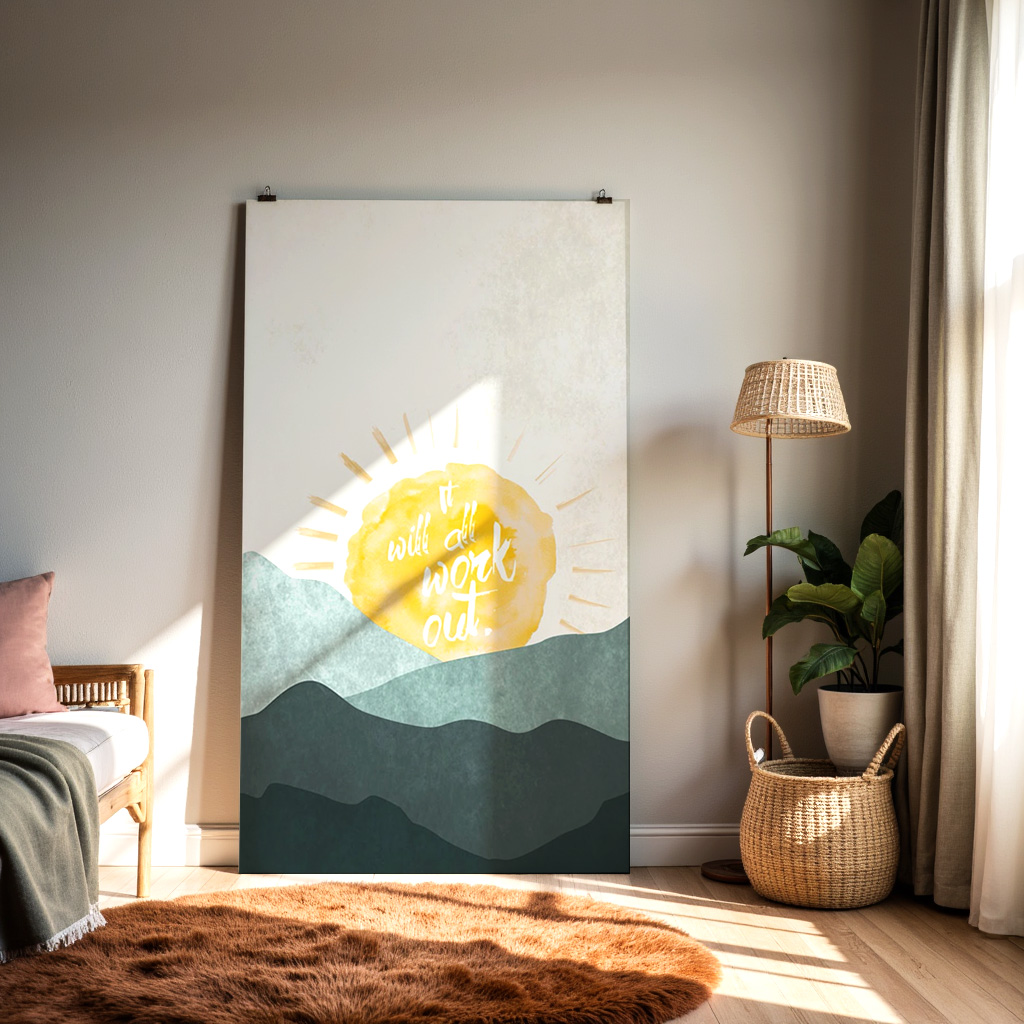 It Will All Work Out Wall Art – Minimal Sun & Mountains Inspirational Print — alternate view