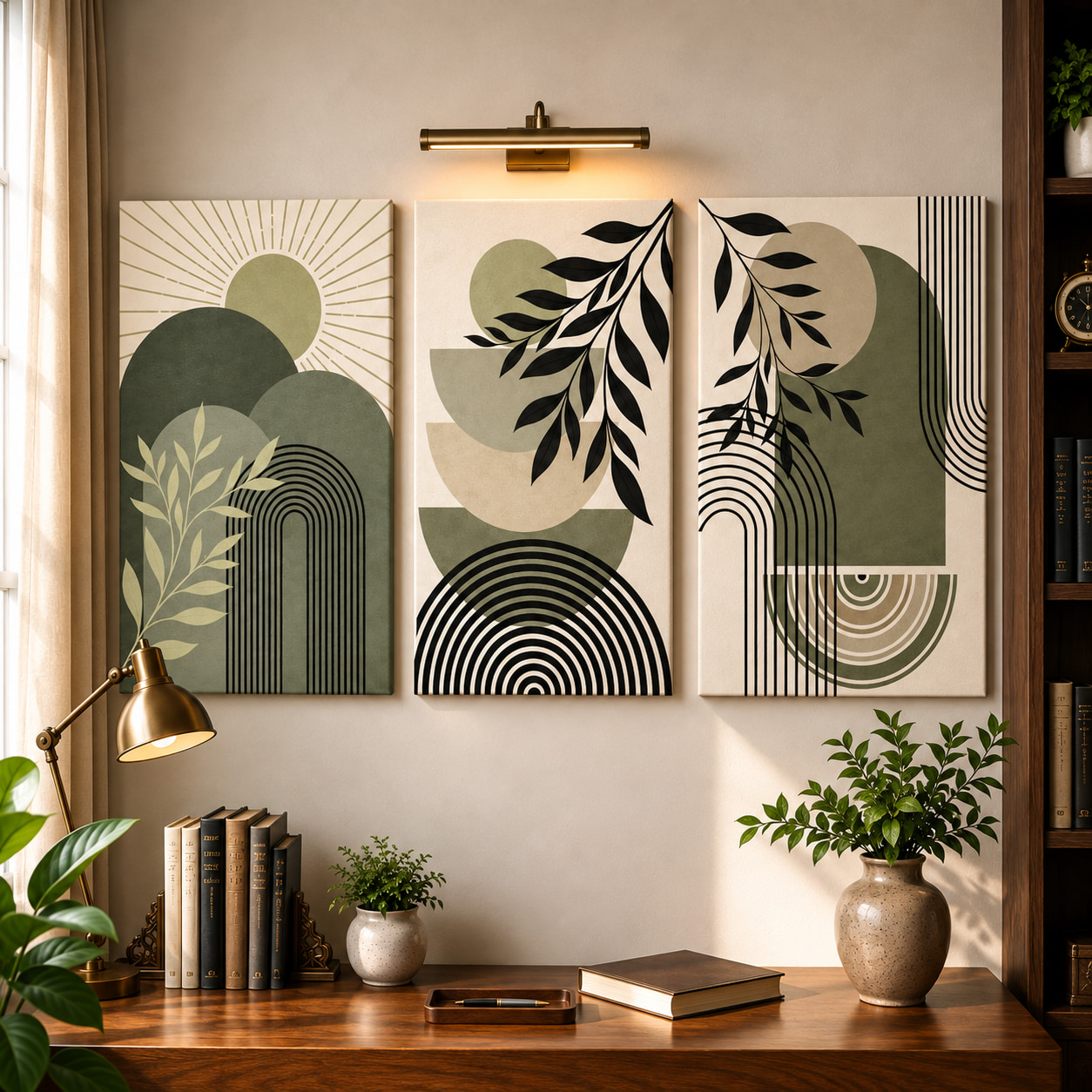 Mid Century Boho Abstract Wall Art Set of 3 — set of 3 wrapped canvas paintings