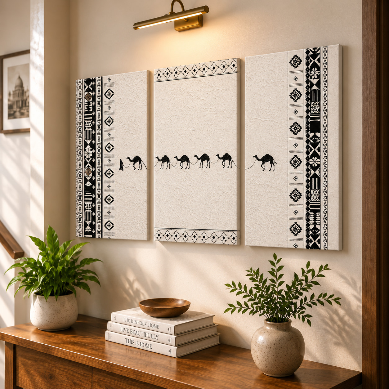 Boho Camel Desert Minimalist Wall Art Set of 3 — set of 3 wrapped canvas paintings