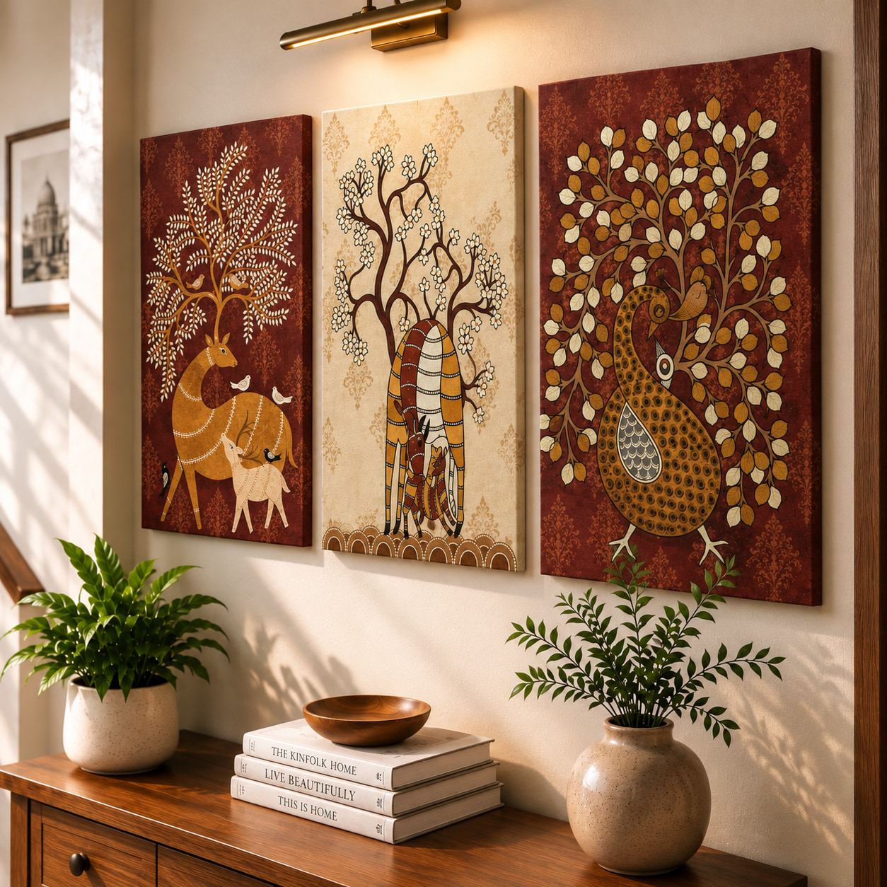 Indian Folk Art Deer Peacock Tree Set of 3 — set of 3 wrapped canvas paintings