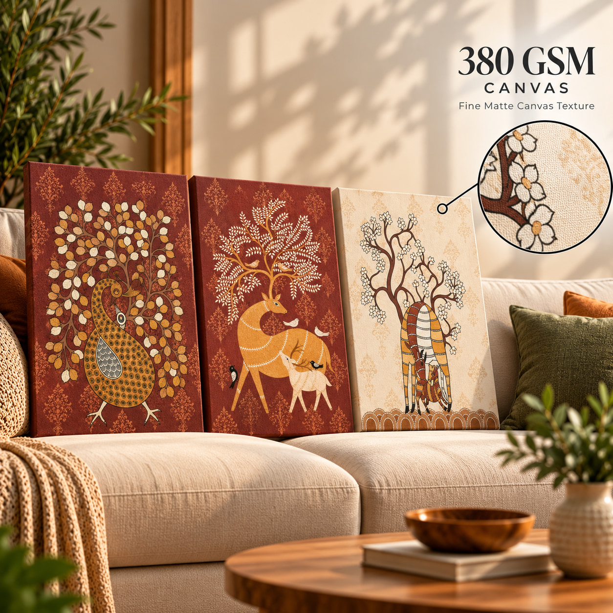 Indian Folk Art Deer Peacock Tree Set of 3 — alternate view