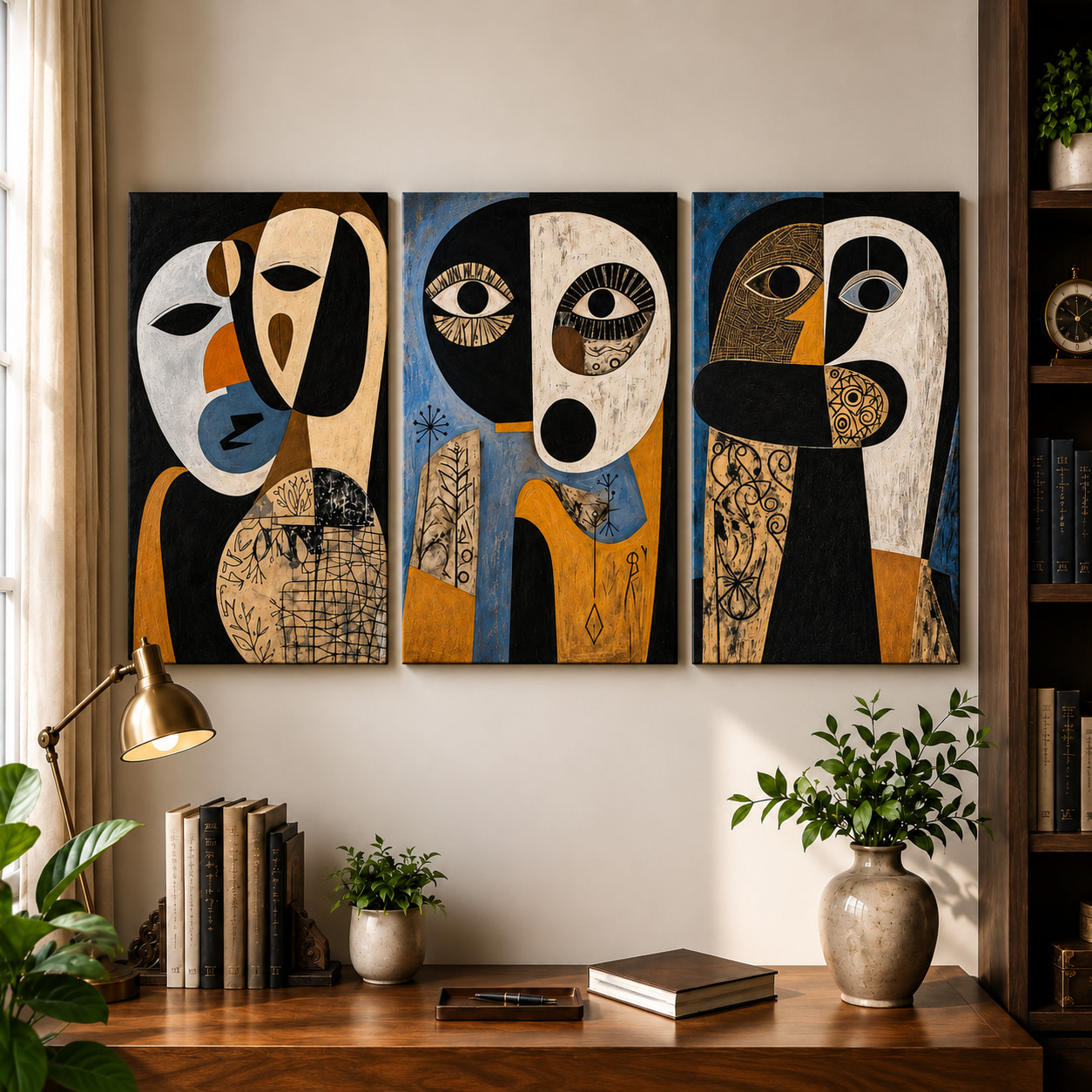 Tribal Abstract Face Wall Art Set of 3 — set of 3 wrapped canvas paintings