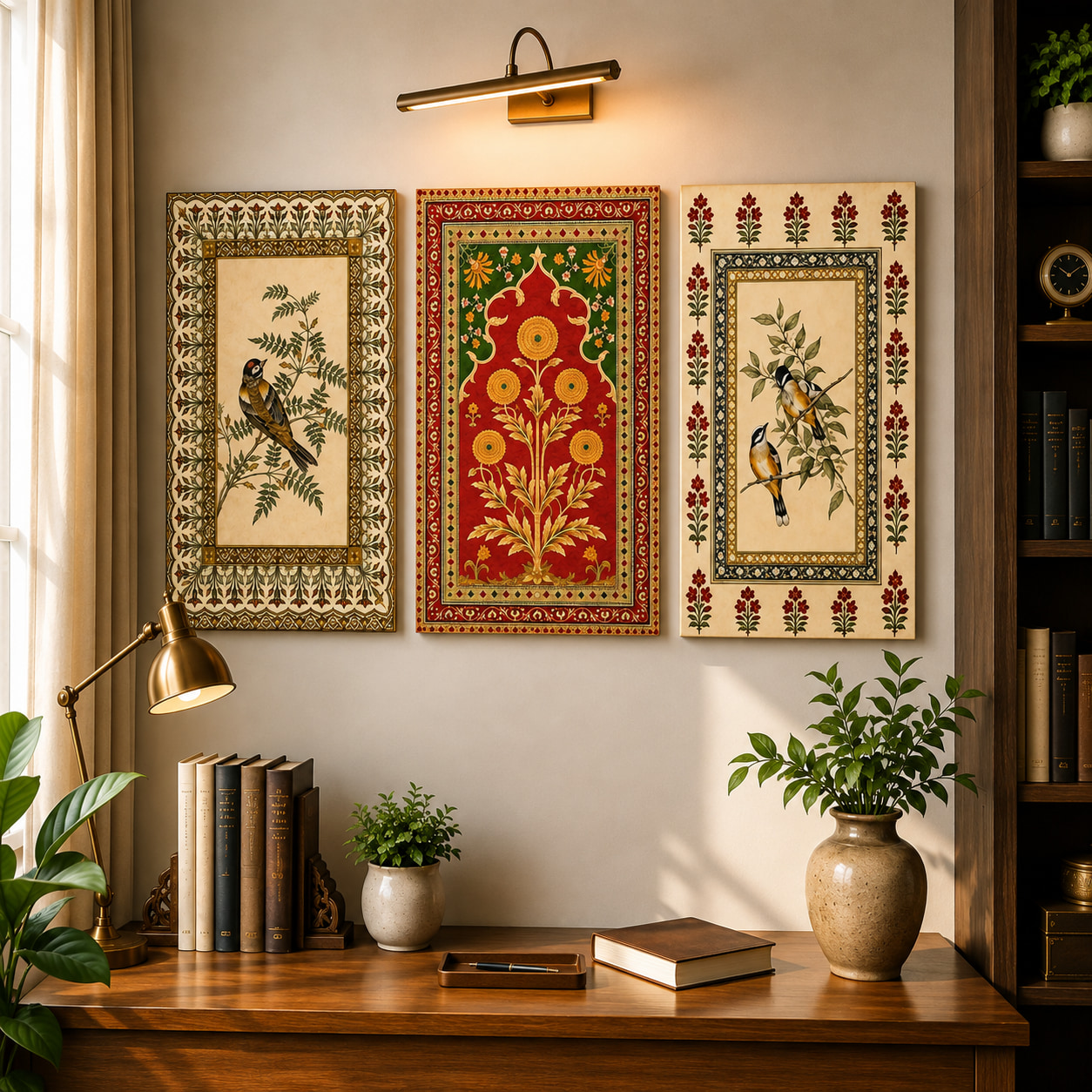 Mughal Bird Floral Miniature Art Set of 3 — set of 3 wrapped canvas paintings