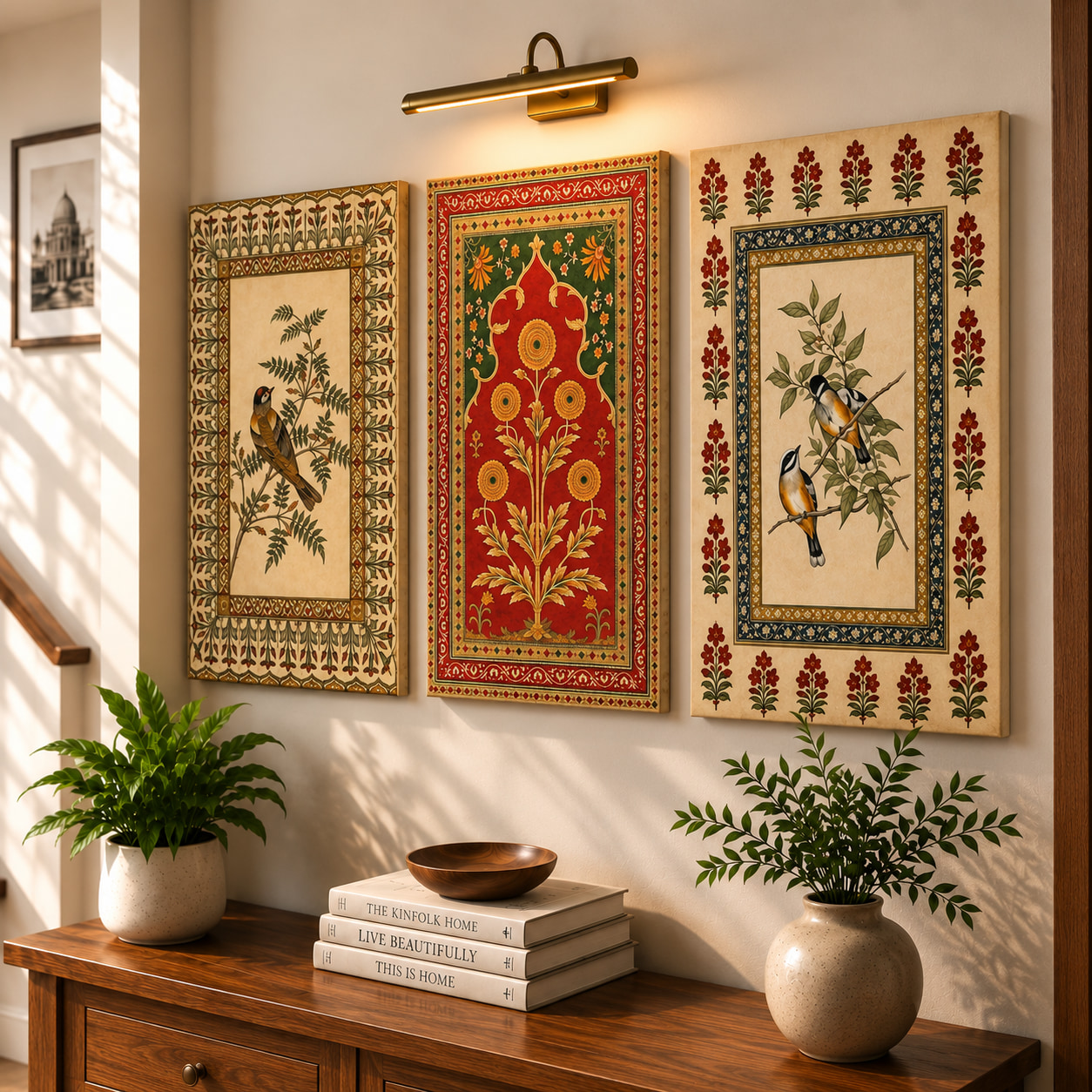 Mughal Bird Floral Miniature Art Set of 3 — alternate view