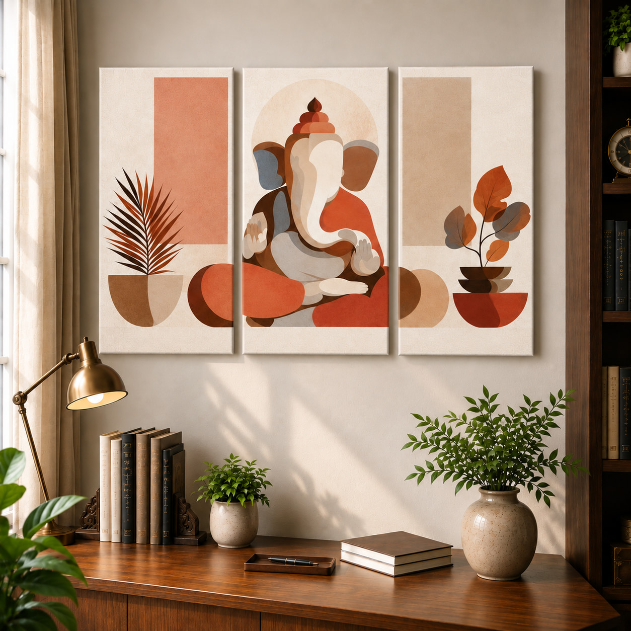 Sacred Botanical Ganesha Wall Art Set — set of 3 wrapped canvas paintings