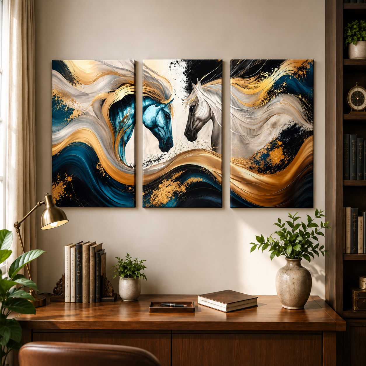 Golden Blue Horse Abstract Wall Art Set — set of 3 wrapped canvas paintings