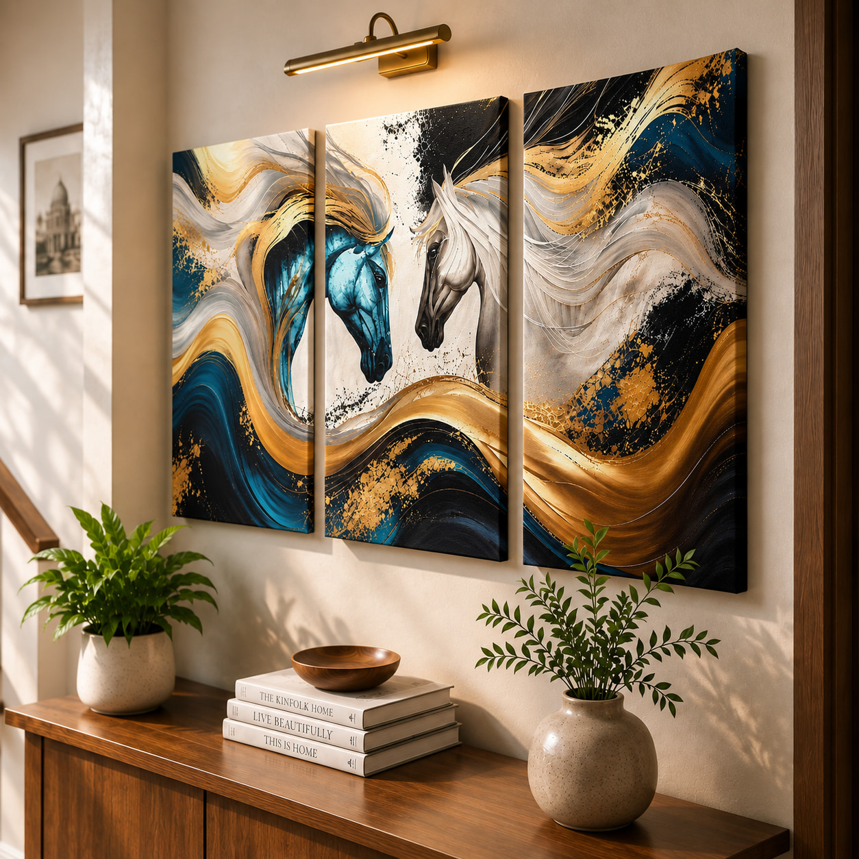 Golden Blue Horse Abstract Wall Art Set — alternate view